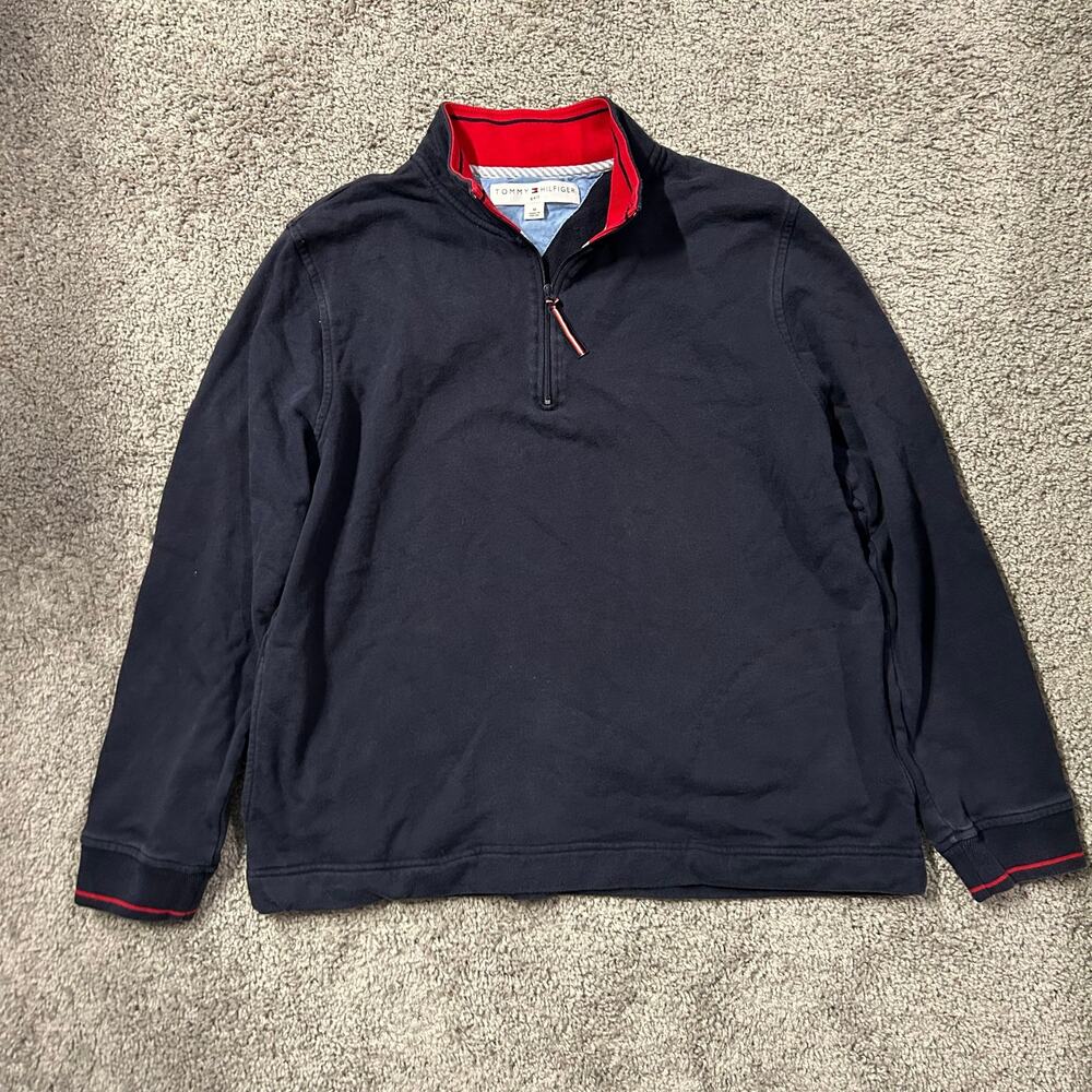 Tommy Hilfiger Golf quarter zip navy sweater with a red ribbed collar Medium